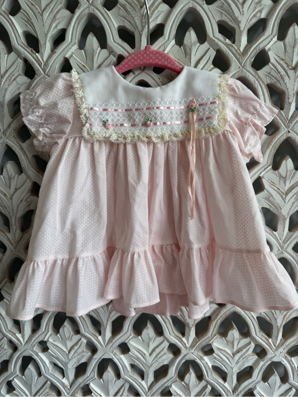 Vintage By Thomas Girls Pink Lace Bib Dress Size 3-6M Cottagecore